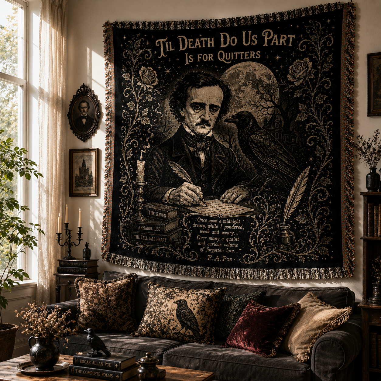 Edgar Allan Poe Woven Blanket, Gothic Raven Throw Blanket, Literary Horror Tapestry Blanket, Dark Academia Home Decor Gift