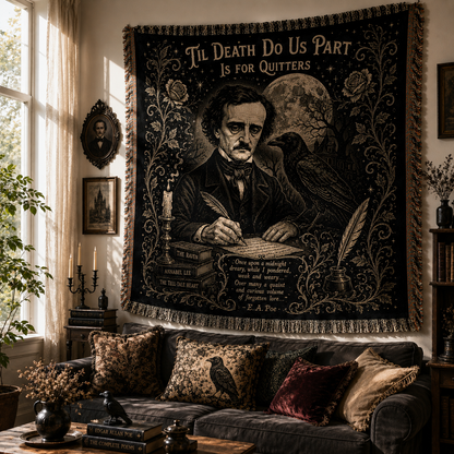 Edgar Allan Poe Woven Blanket, Gothic Raven Throw Blanket, Literary Horror Tapestry Blanket, Dark Academia Home Decor Gift