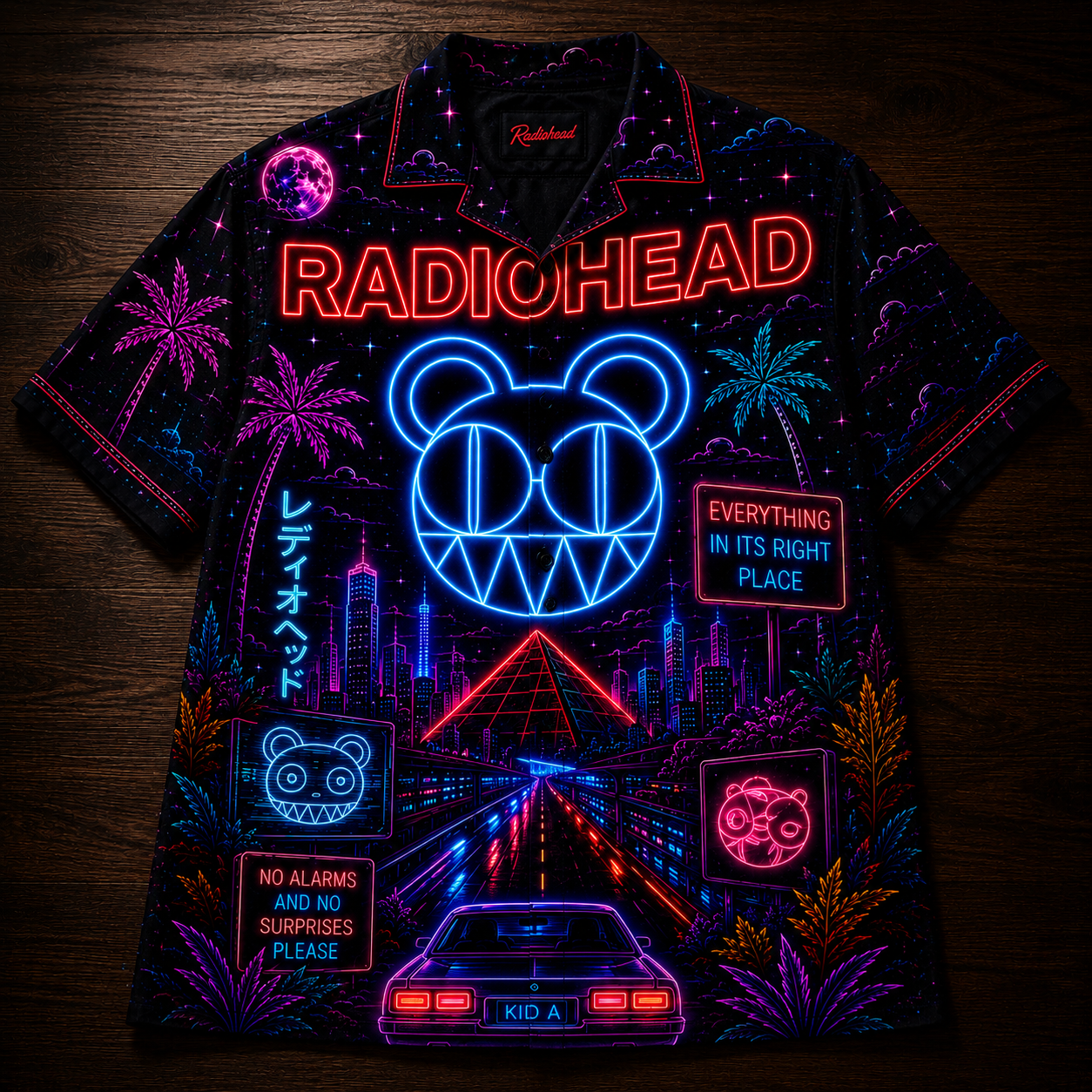 Radiohead Hawaiian Shirt - Unisex Neon Light Modified Bear Kid A Button Up