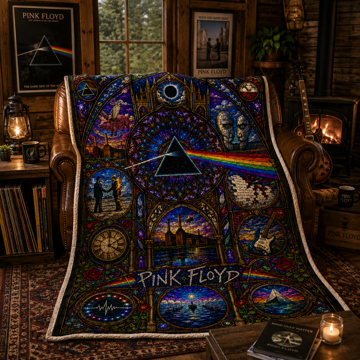 Pink Floyd Sherpa Blanket – Dark Side Of The Moon Stained Glass Throw Blanket