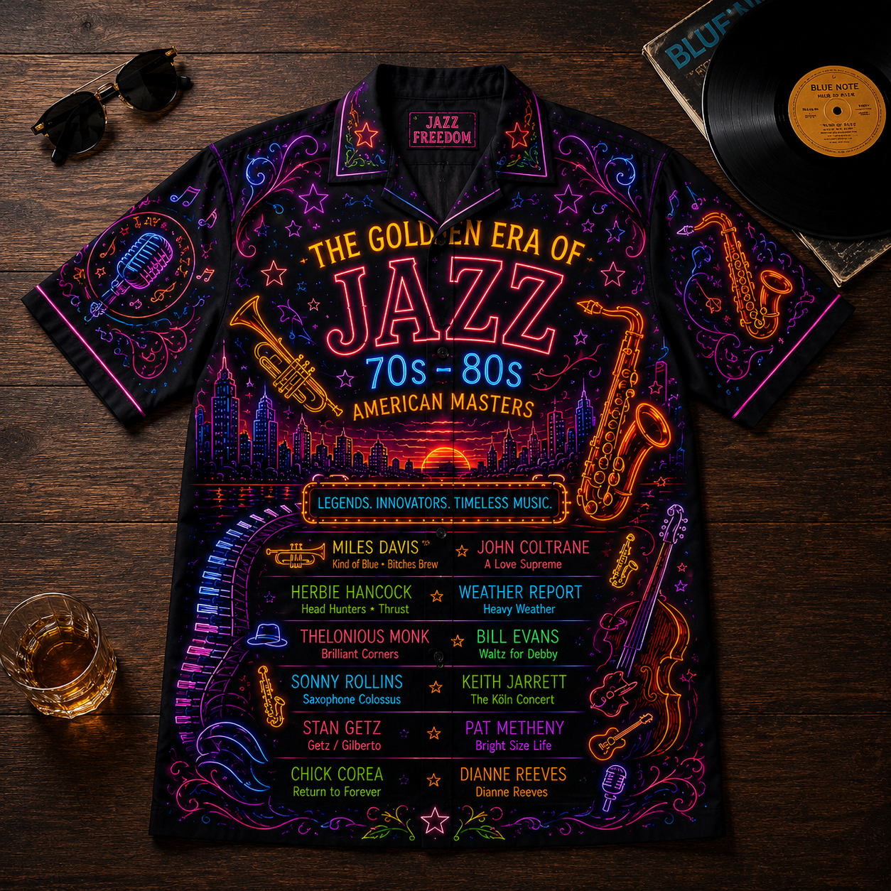 Golden Era Of Jazz Hawaiian Shirt - Unisex Neon Light Saxophone Piano Button Up