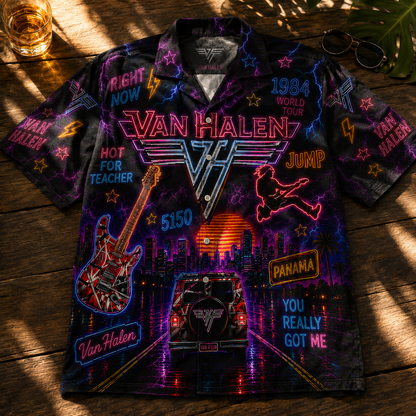 Van Halen Neon Hawaiian Shirt – 80s Rock Summer Button-Up Aloha Shirt for Classic Rock Fans