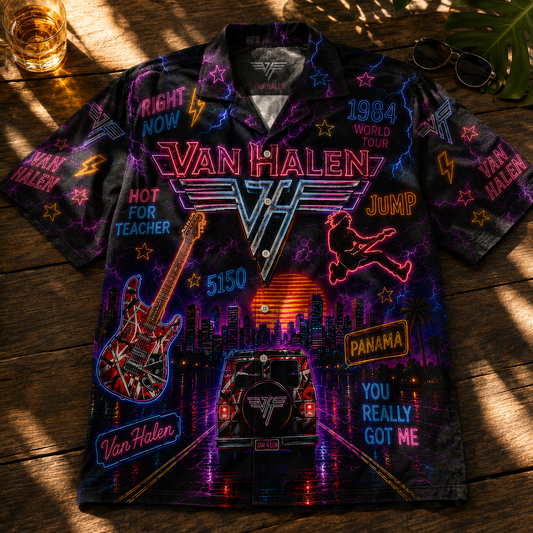 Van Halen Neon Hawaiian Shirt – 80s Rock Summer Button-Up Aloha Shirt for Classic Rock Fans