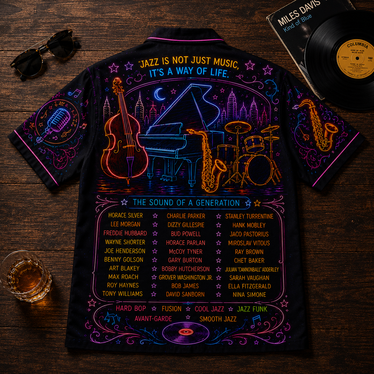 Golden Era Of Jazz Hawaiian Shirt - Unisex Neon Light Saxophone Piano Button Up