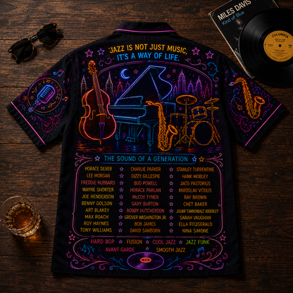 Golden Era Of Jazz Hawaiian Shirt - Unisex Neon Light Saxophone Piano Button Up