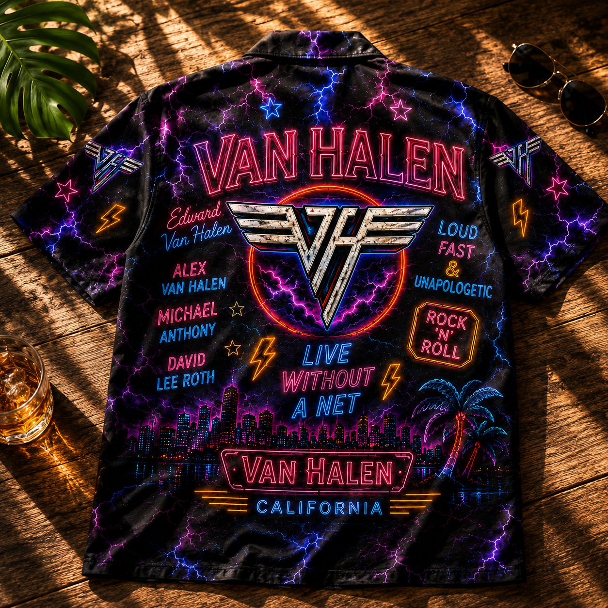 Van Halen Neon Hawaiian Shirt – 80s Rock Summer Button-Up Aloha Shirt for Classic Rock Fans