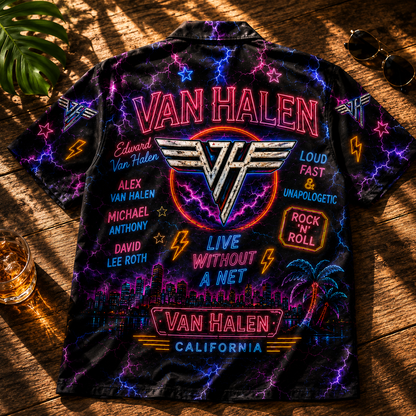 Van Halen Neon Hawaiian Shirt – 80s Rock Summer Button-Up Aloha Shirt for Classic Rock Fans