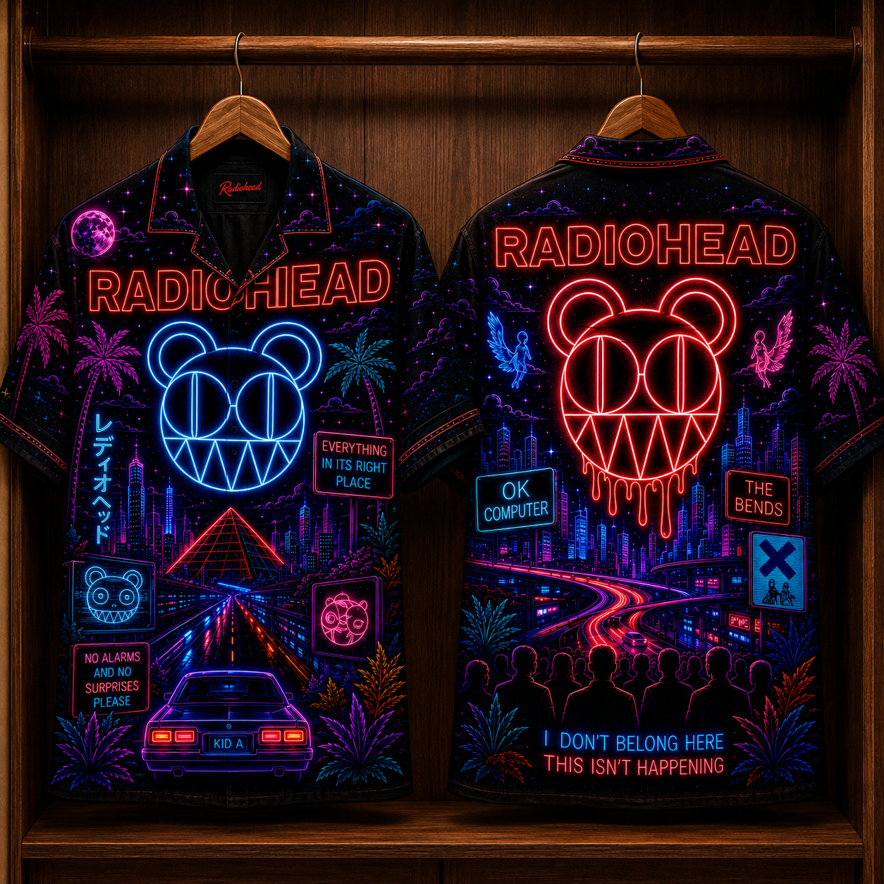 Radiohead Hawaiian Shirt - Unisex Neon Light Modified Bear Kid A Button Up