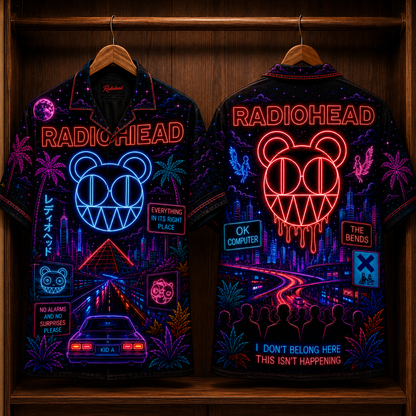 Radiohead Hawaiian Shirt - Unisex Neon Light Modified Bear Kid A Button Up