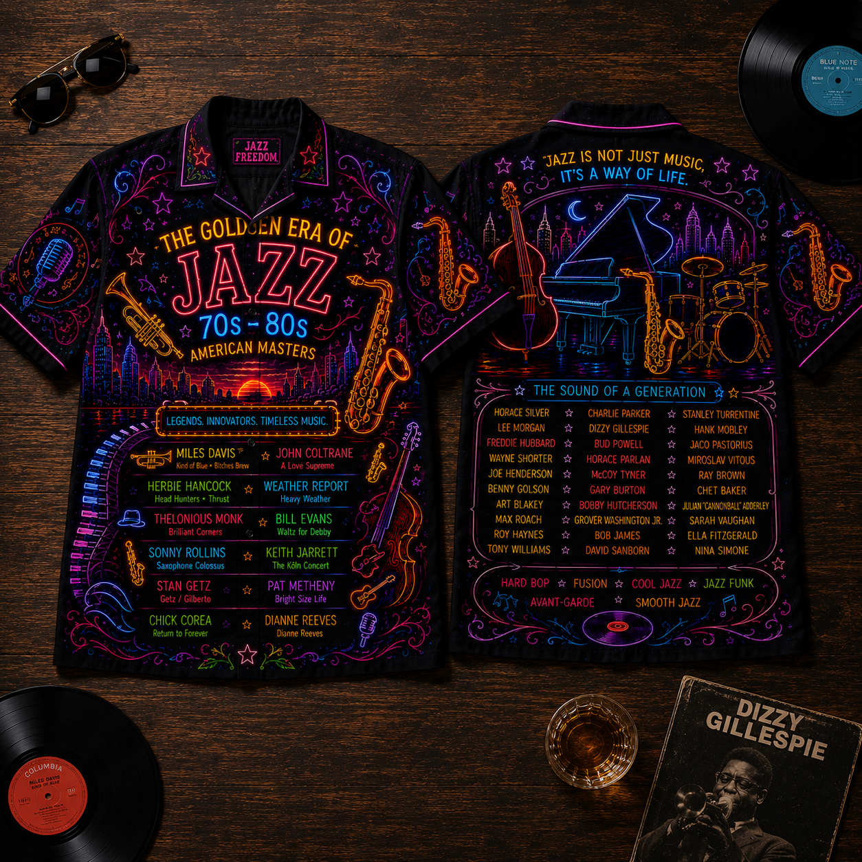 Golden Era Of Jazz Hawaiian Shirt - Unisex Neon Light Saxophone Piano Button Up
