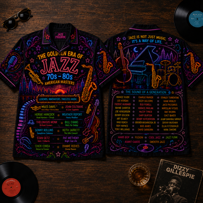 Golden Era Of Jazz Hawaiian Shirt - Unisex Neon Light Saxophone Piano Button Up