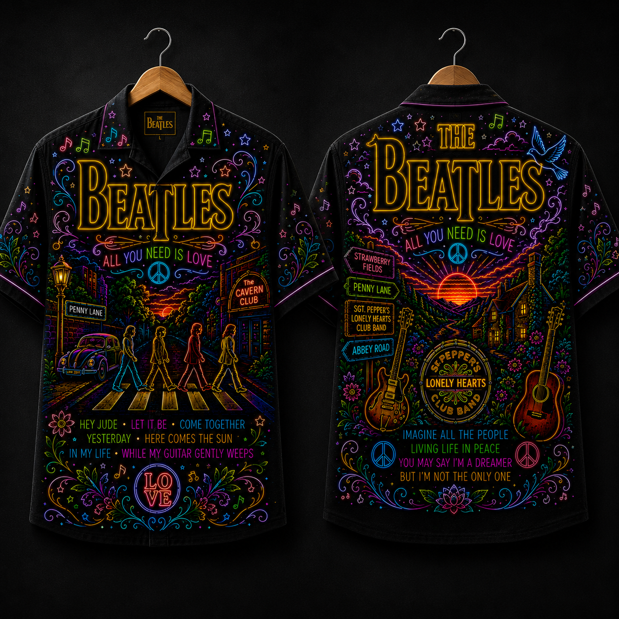The Beatles Hawaiian Shirt - Unisex Neon Light Abbey Road Button Up