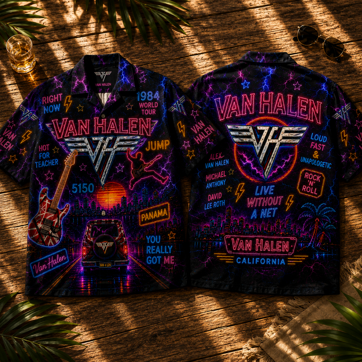 Van Halen Neon Hawaiian Shirt – 80s Rock Summer Button-Up Aloha Shirt for Classic Rock Fans