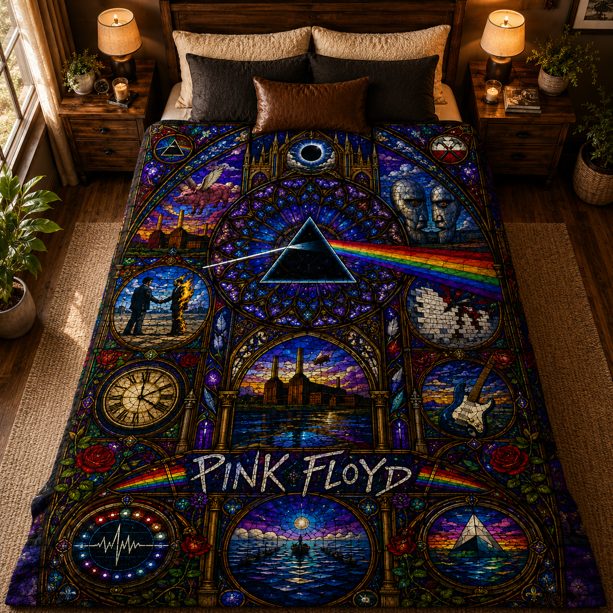 Pink Floyd Sherpa Blanket – Dark Side Of The Moon Stained Glass Throw Blanket