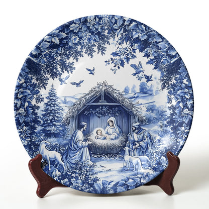 Christmas Nativity Collectible Ceramic Plate – Blue Winter Design