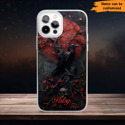 Gothic Raven & Skull Phone Case – Dark Red Moon Cover Personalized Clear Phone