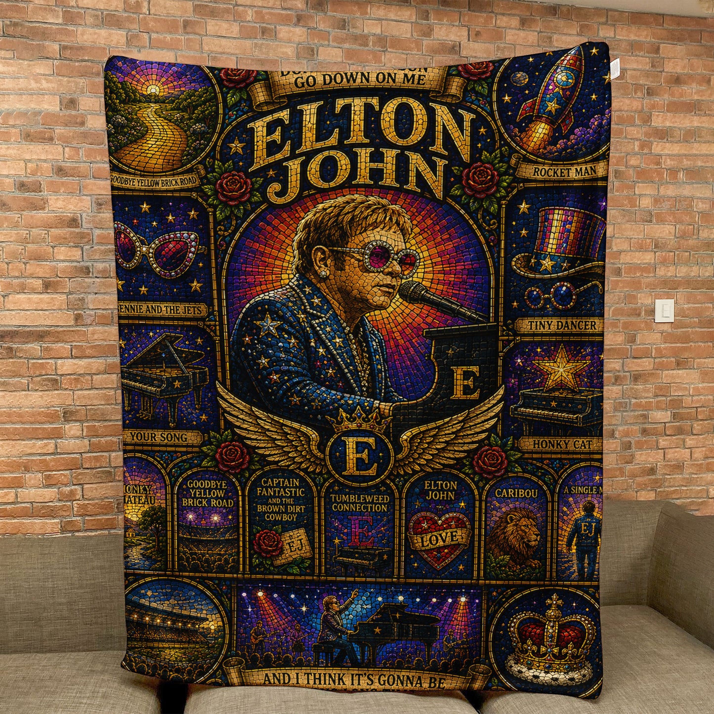 Elton John Sherpa Blanket – Rocket Man Stained Glass Glam Rock Piano Throw Blanket