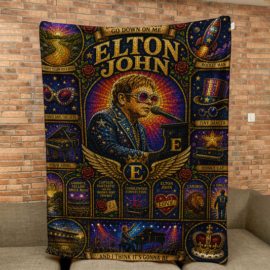 Elton John Sherpa Blanket – Rocket Man Stained Glass Glam Rock Piano Throw Blanket