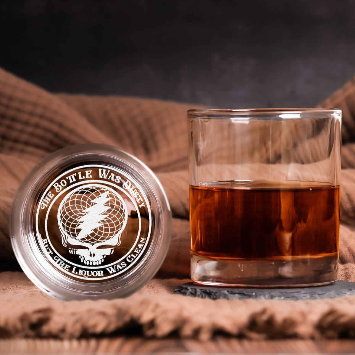 Grateful Dead Inspired Engraved Whiskey Glass – The Bottle Was Dusty, But The Liquor Was Clean Design ( With Gift Box )