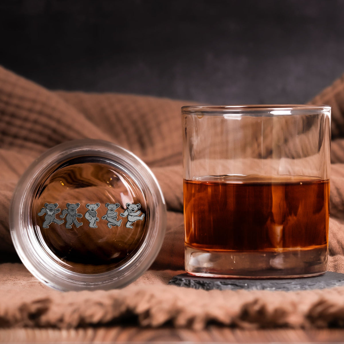 Dancing Bears Engraved Whiskey Glass –  Psychedelic Bears Design  ( With Gift Box )