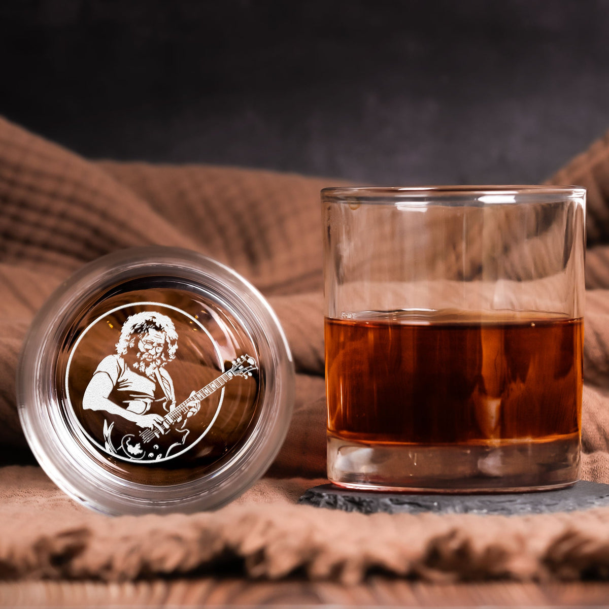 Jerry Garcia Inspired Engraved Whiskey Glass – Psychedelic Guitar Design  (With Gift Box)