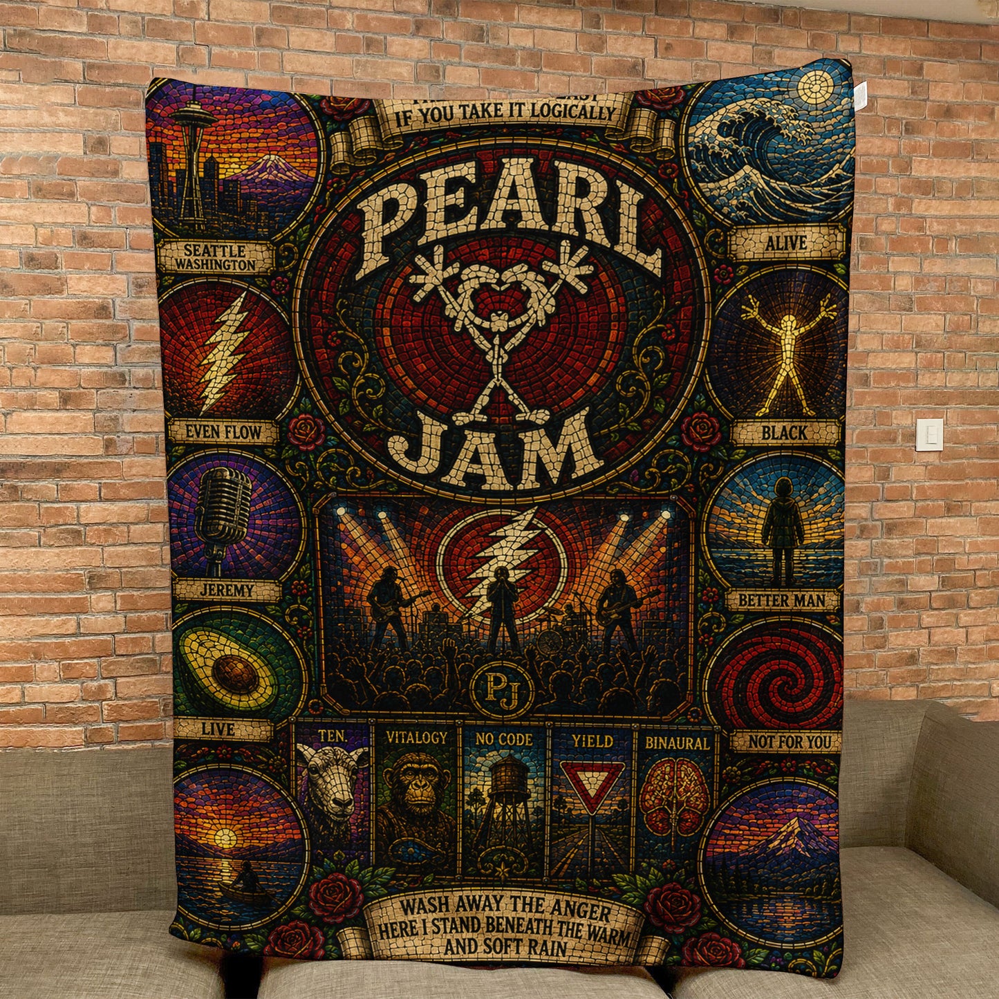 Pearl Jam Band Sherpa Blanket – Alive Stained Glass Grunge Rock Throw Blanket