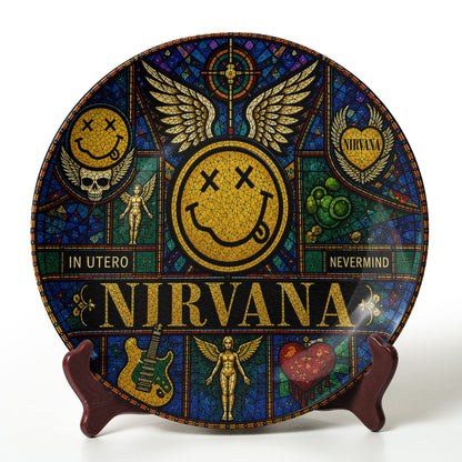 Nirvana Stained Glass Decorative Ceramic Plate – Nevermind & In Utero Inspired Music Collector Plate, Grunge Wall Art Gift for Fans