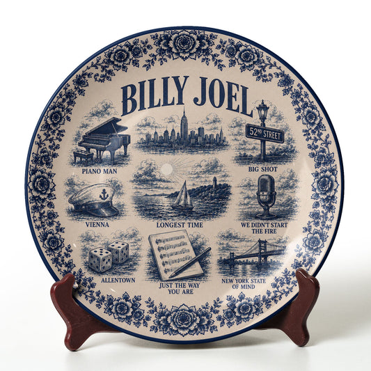 Billy Joel Decorative Ceramic Plate – Vintage Delft Blue Music Collector Plate, Piano Man Wall Art, Gift for Billy Joel Fans