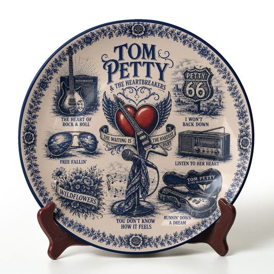 Tom Petty & The Heartbreakers Decorative Ceramic Plate – Vintage Delft Blue Music Collector Plate, Classic Rock Wall Art Gift