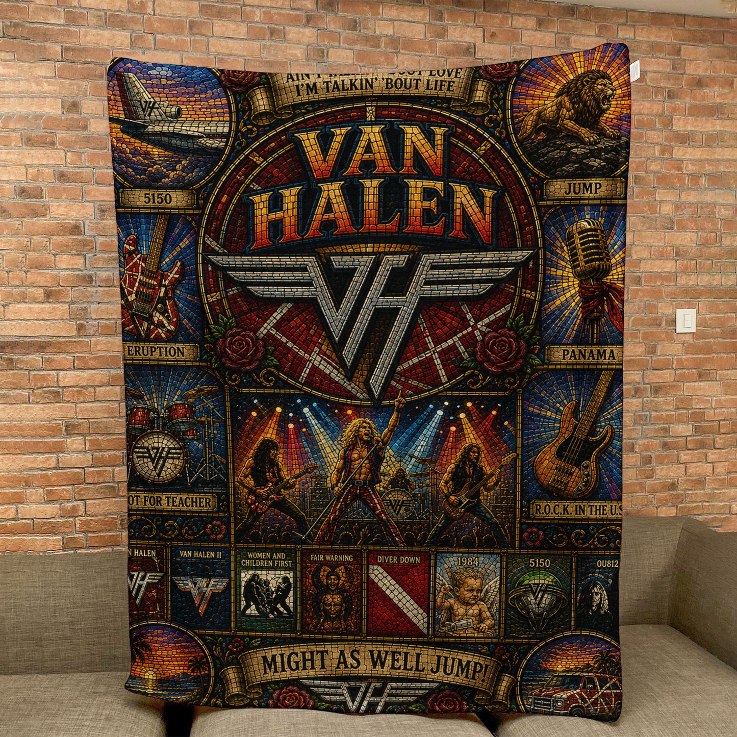 Van Halen Band Sherpa Blanket – Eruption & Panama Gothic Stained Glass Blanket