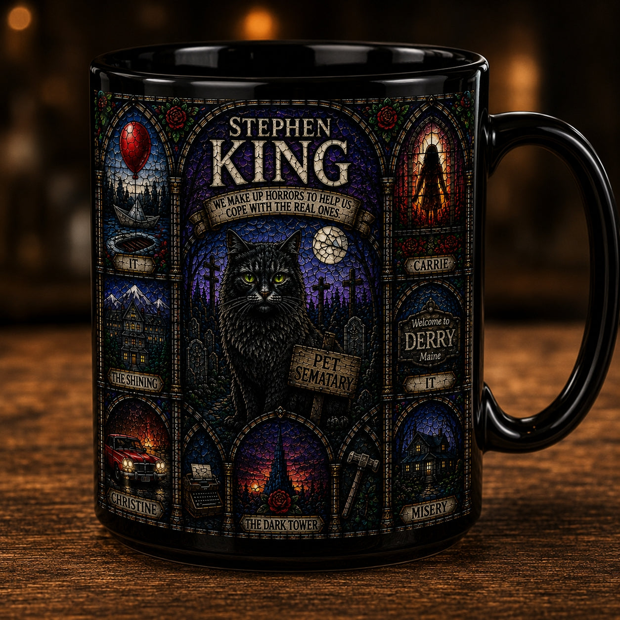 Stephen King Mug – Stained Glass Horror Books Pet Sematary IT Ceramic Coffee Cup