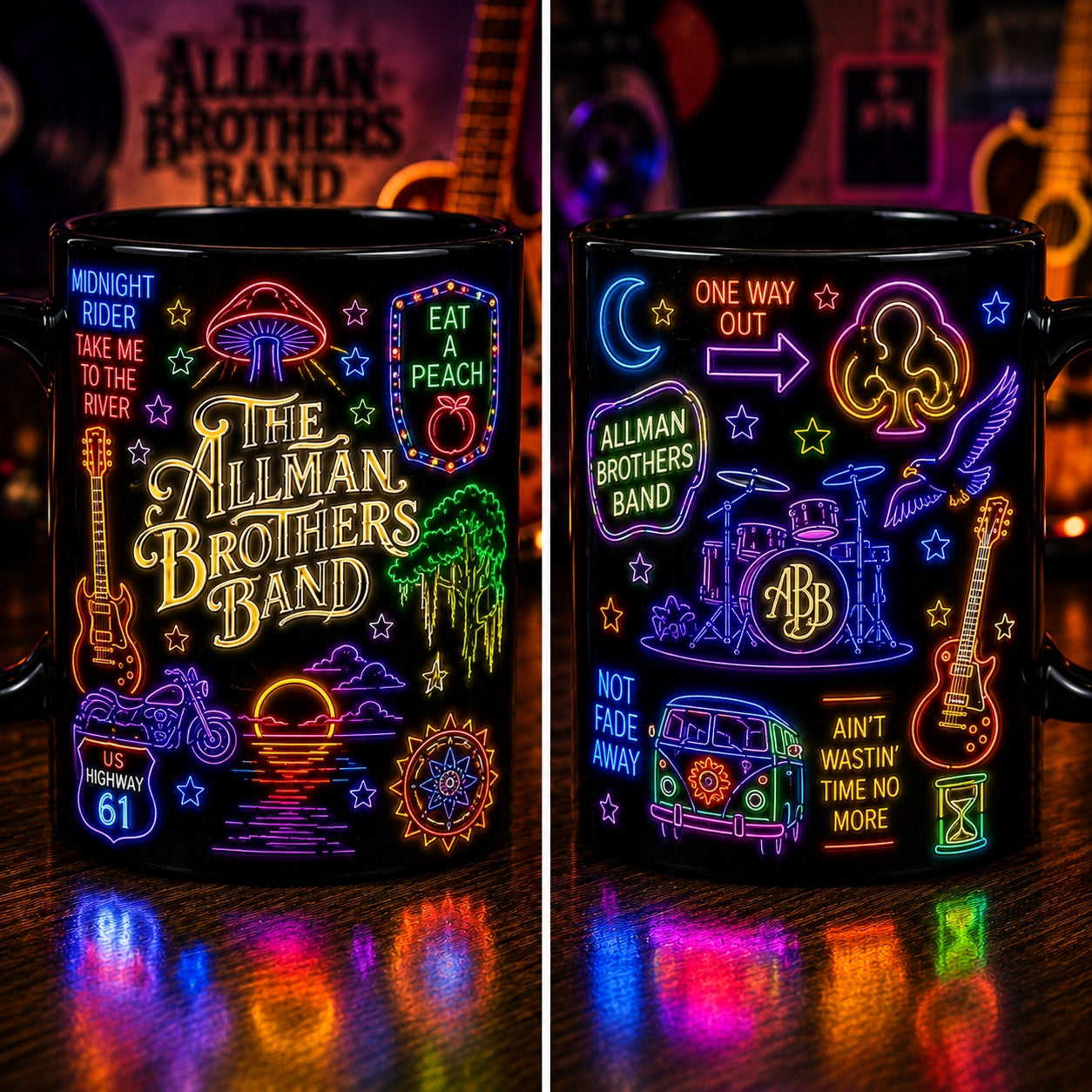 The Allman Brothers Band Neon Sign Mug – Glowing Eat A Peach Southern Rock Coffee Cup