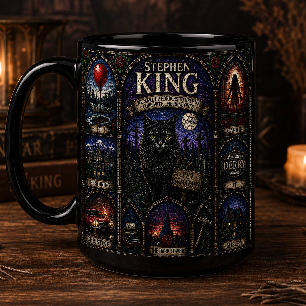 Stephen King Mug – Stained Glass Horror Books Pet Sematary IT Ceramic Coffee Cup