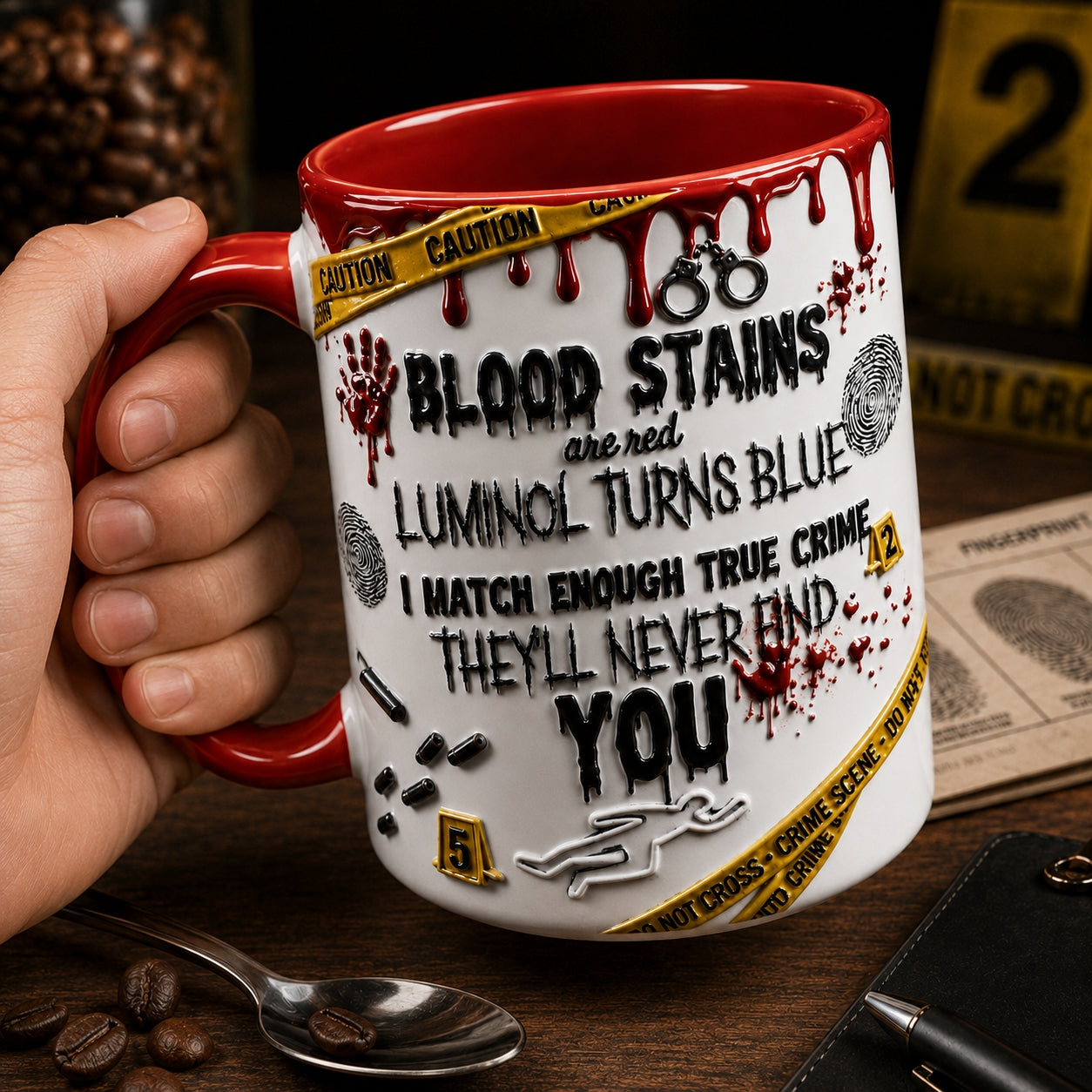True Crime Mug – Blood Stains Are Red Luminol Turns Blue Ceramic Coffee Cup