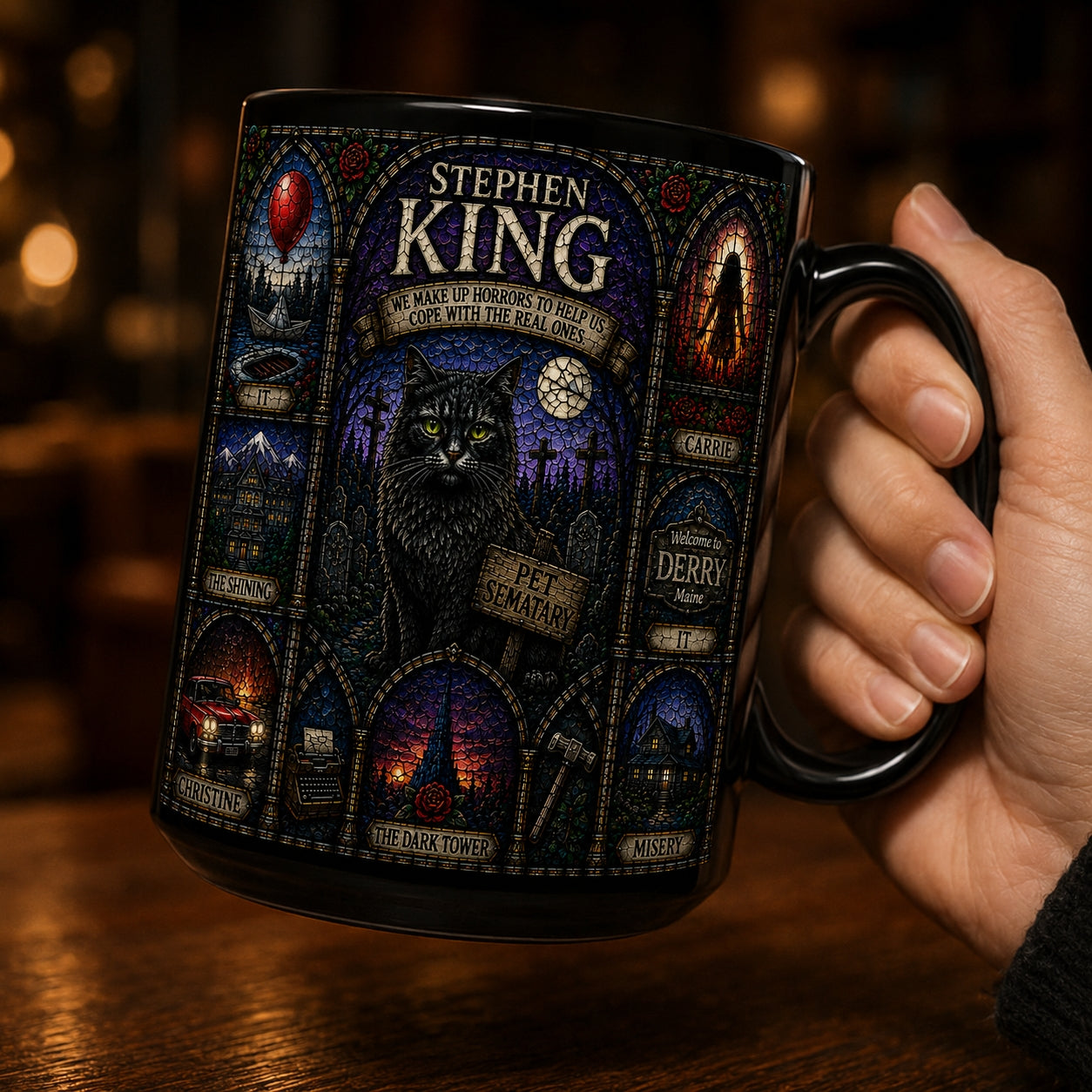 Stephen King Mug – Stained Glass Horror Books Pet Sematary IT Ceramic Coffee Cup