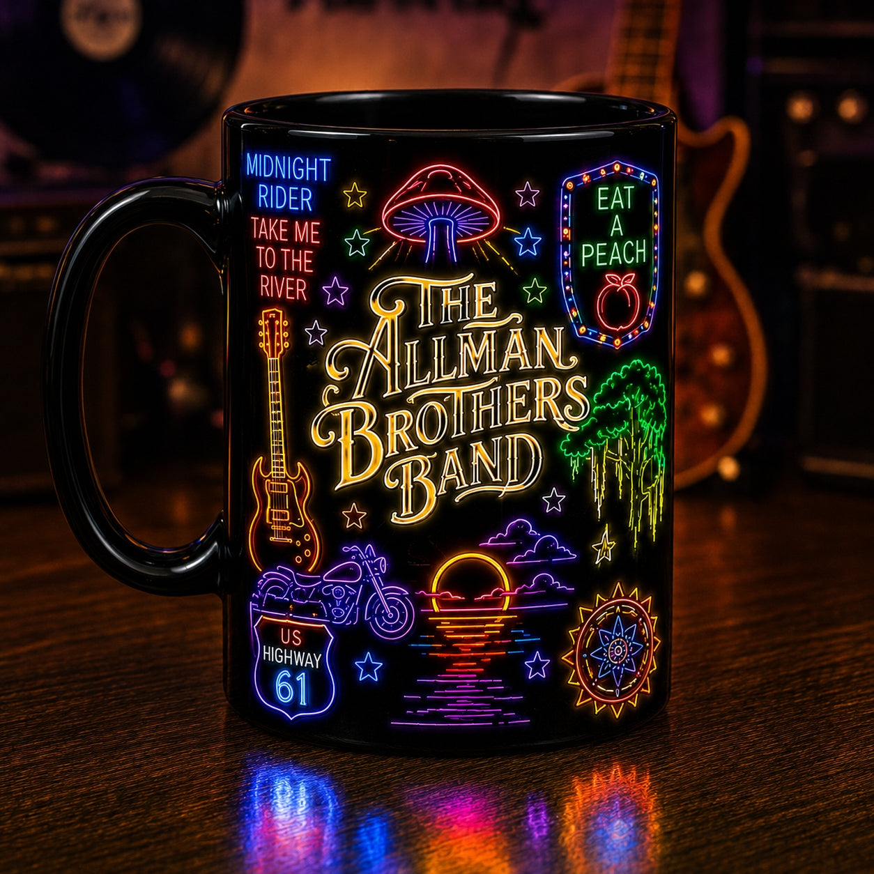 The Allman Brothers Band Neon Sign Mug – Glowing Eat A Peach Southern Rock Coffee Cup