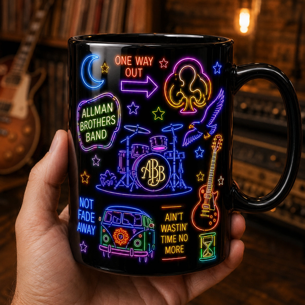 The Allman Brothers Band Neon Sign Mug – Glowing Eat A Peach Southern Rock Coffee Cup