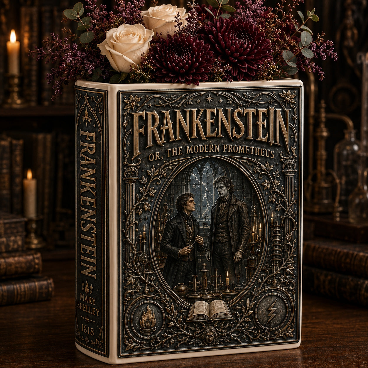 Frankenstein Mary Shelley Ceramic Book Vase - Gothic Horror Home Decor & Bookish Gift