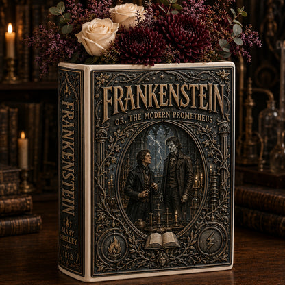 Frankenstein Mary Shelley Ceramic Book Vase - Gothic Horror Home Decor & Bookish Gift