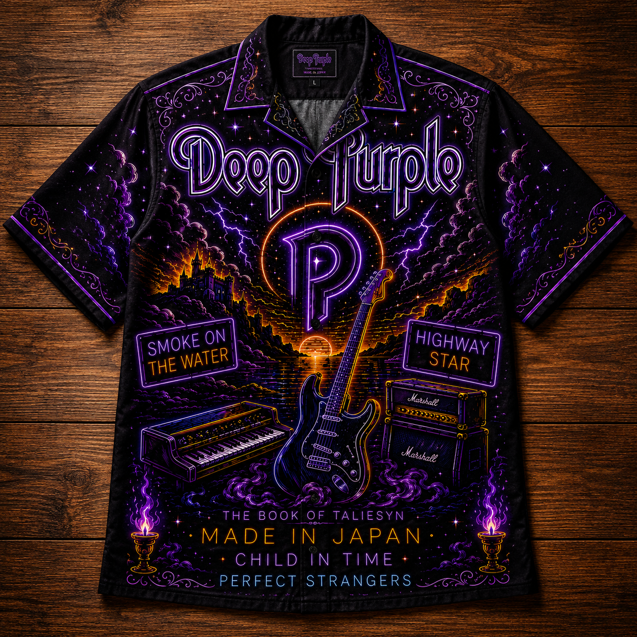 Deep Purple Hawaiian Shirt - Unisex Neon Light DP Monogram Guitar Button Up