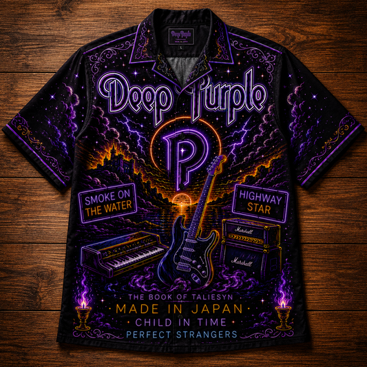 Deep Purple Hawaiian Shirt - Unisex Neon Light DP Monogram Guitar Button Up