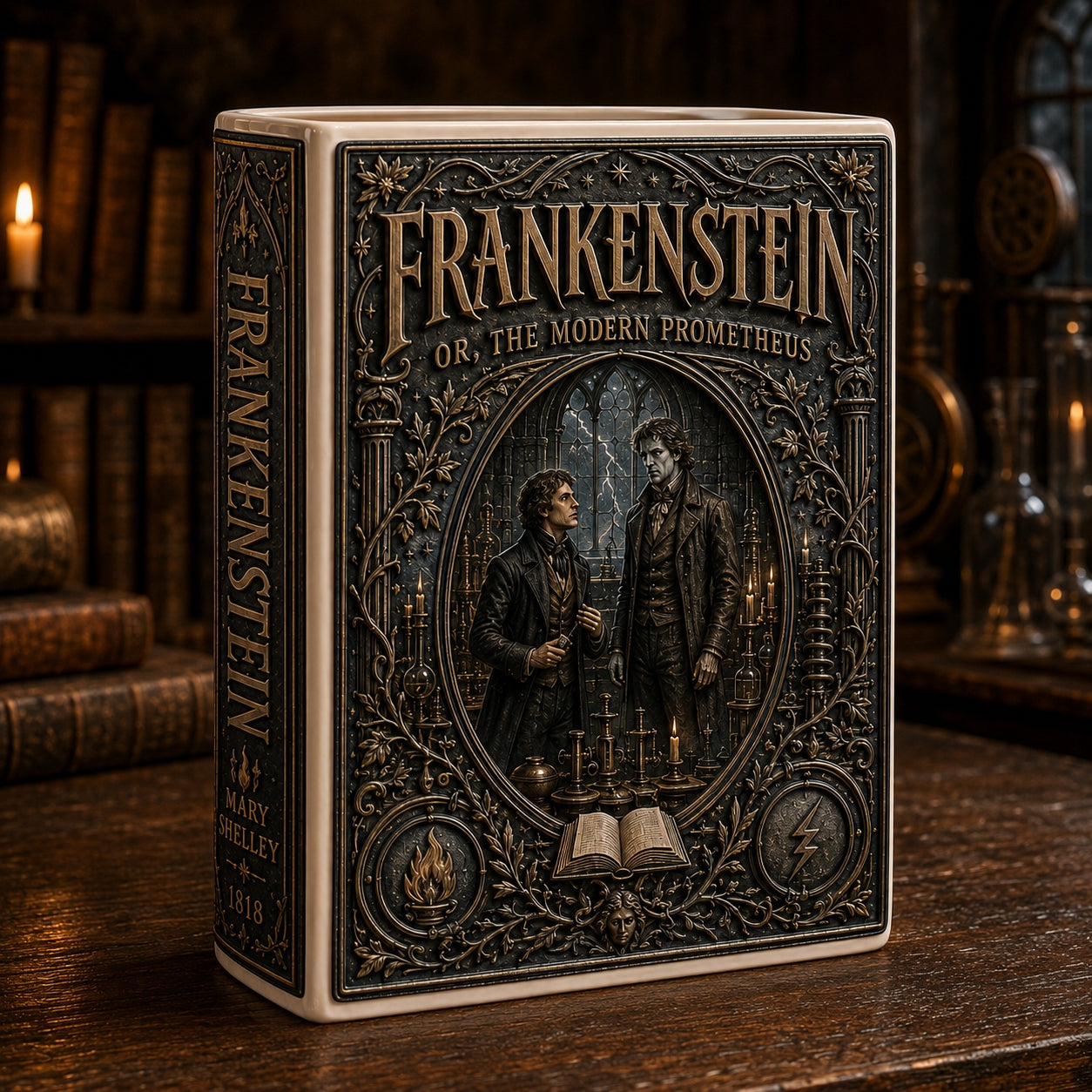 Frankenstein Mary Shelley Ceramic Book Vase - Gothic Horror Home Decor & Bookish Gift