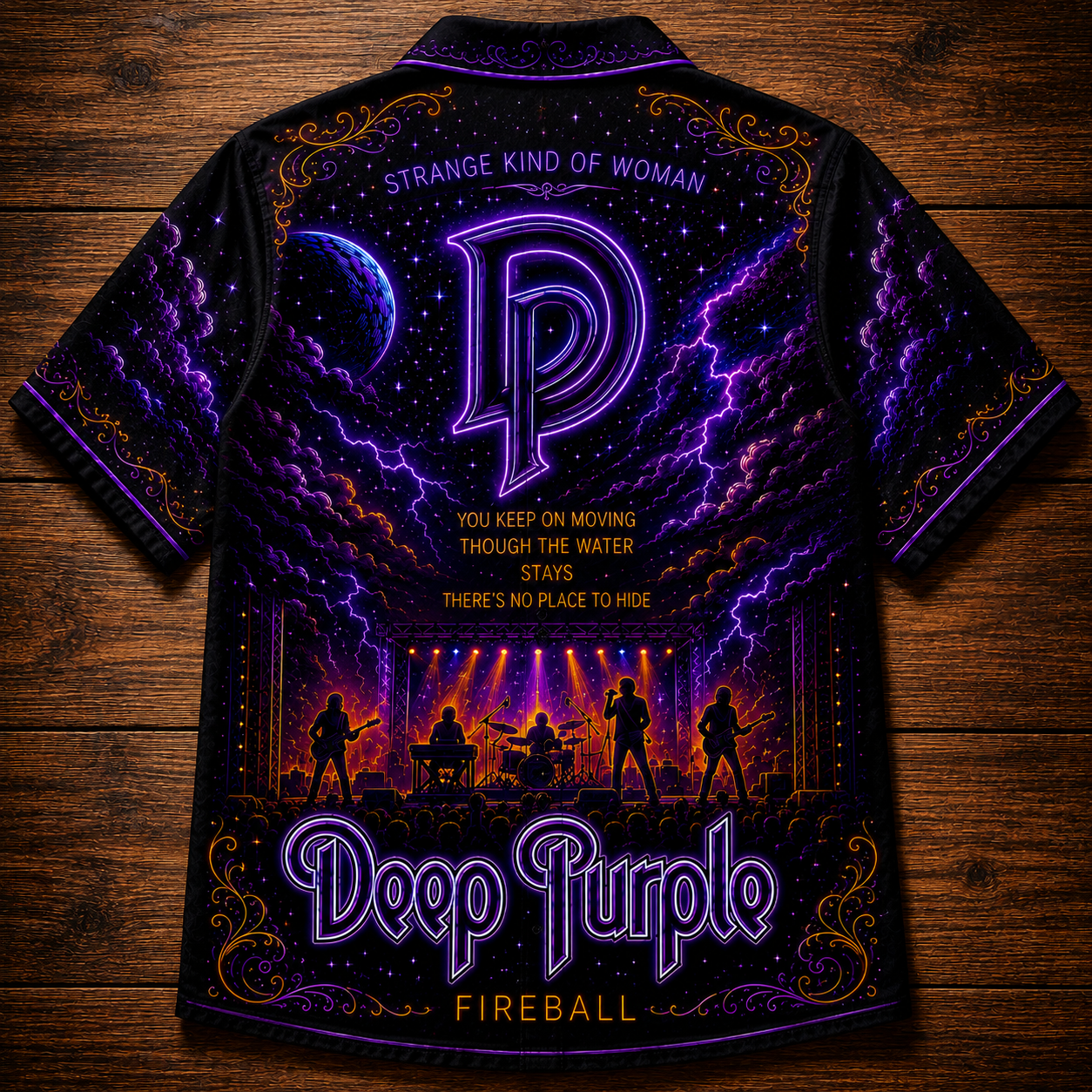 Deep Purple Hawaiian Shirt - Unisex Neon Light DP Monogram Guitar Button Up