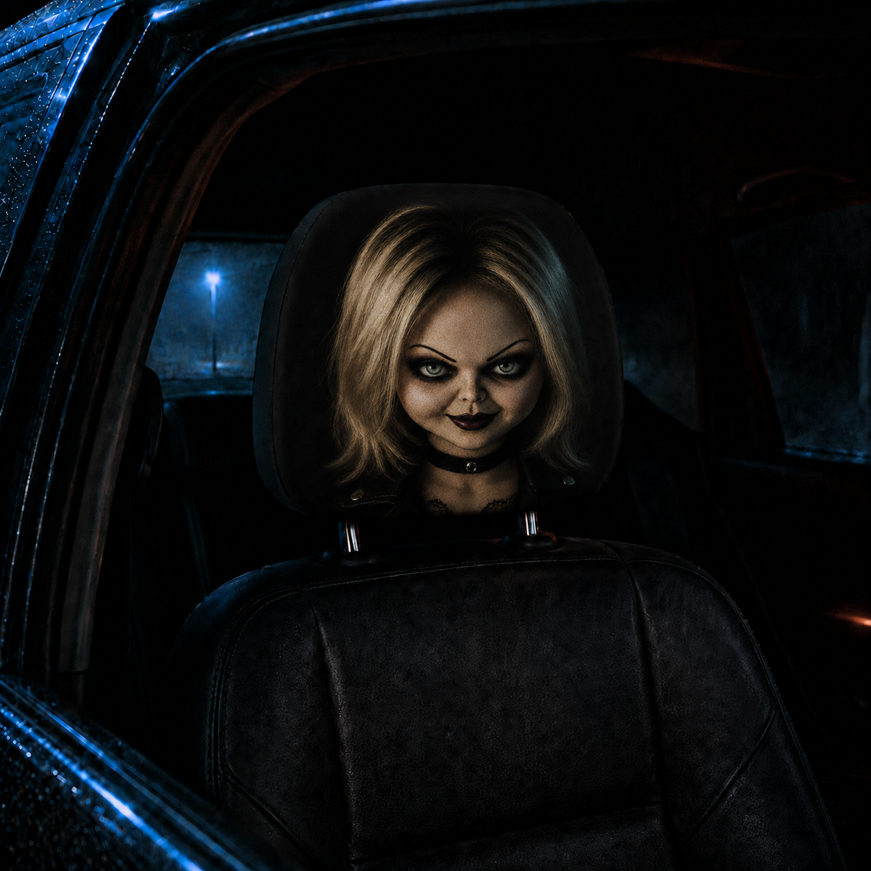 Chucky & Tiffany Horror Car Headrest Cover Set – Spooky Horror Couple Car Accessory Set