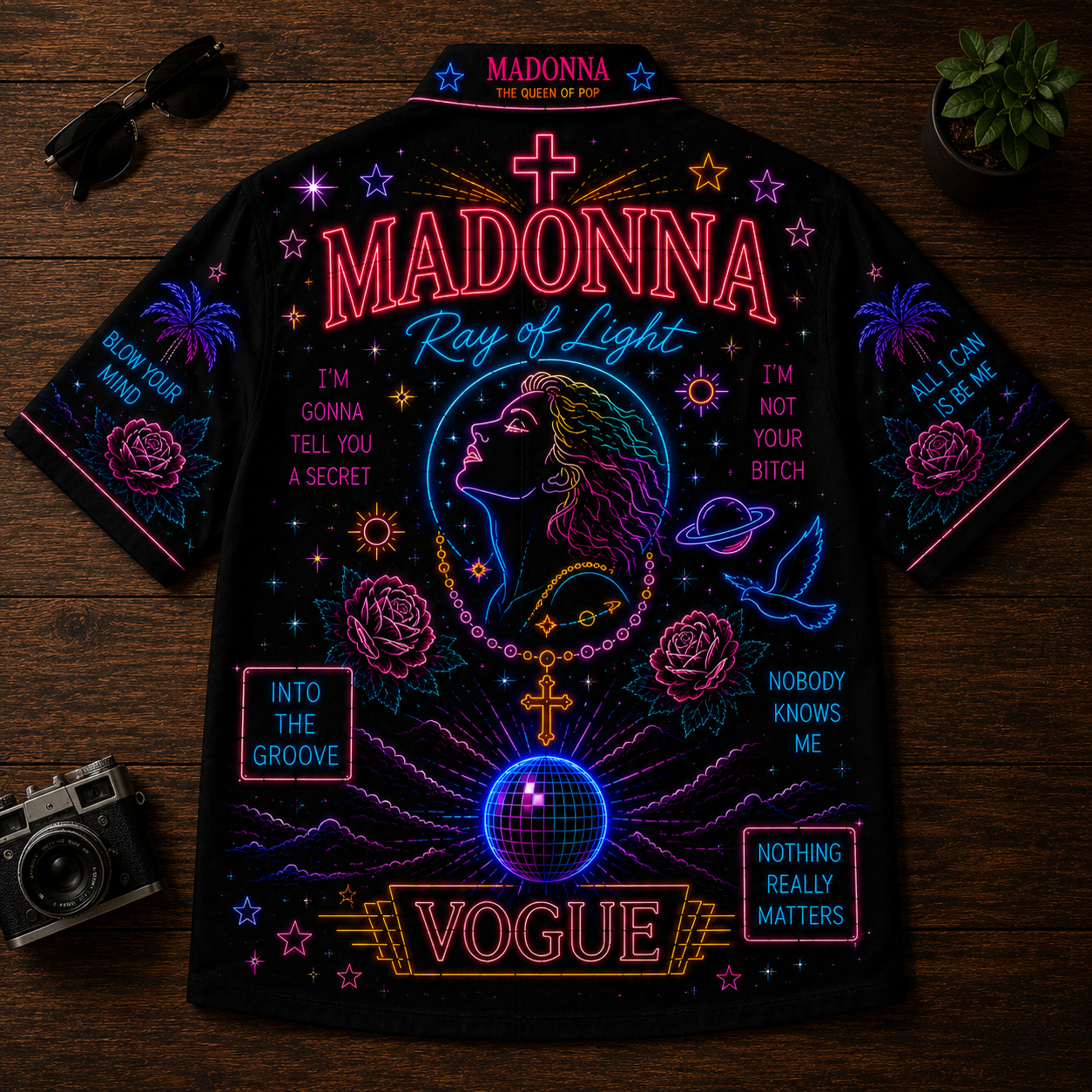 Madonna Hawaiian Shirt - Unisex Neon Light Vogue Disco Ball Button Up