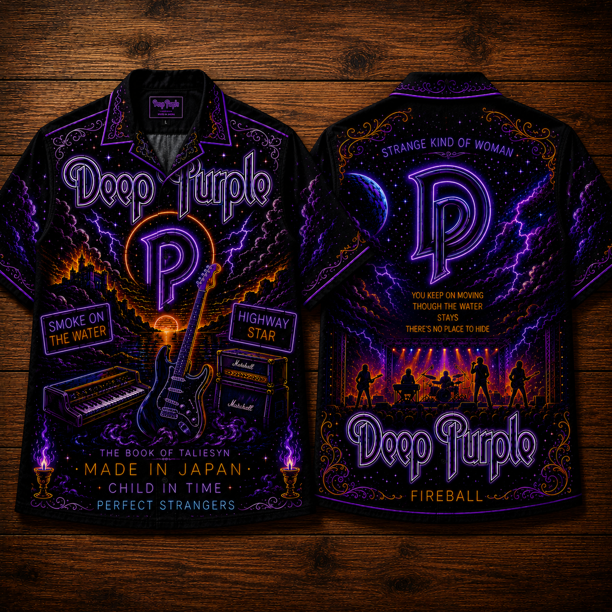 Deep Purple Hawaiian Shirt - Unisex Neon Light DP Monogram Guitar Button Up