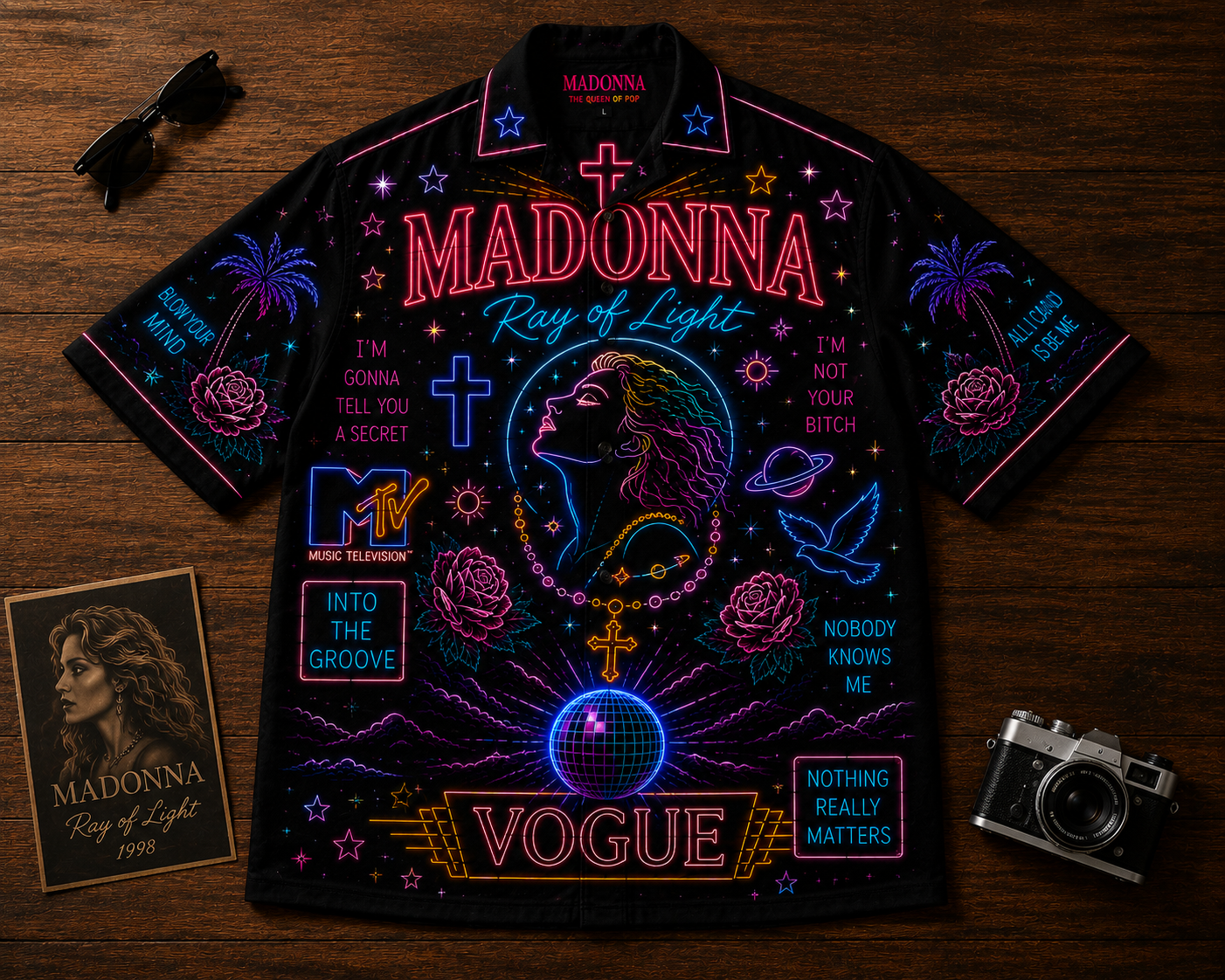 Madonna Hawaiian Shirt - Unisex Neon Light Vogue Disco Ball Button Up