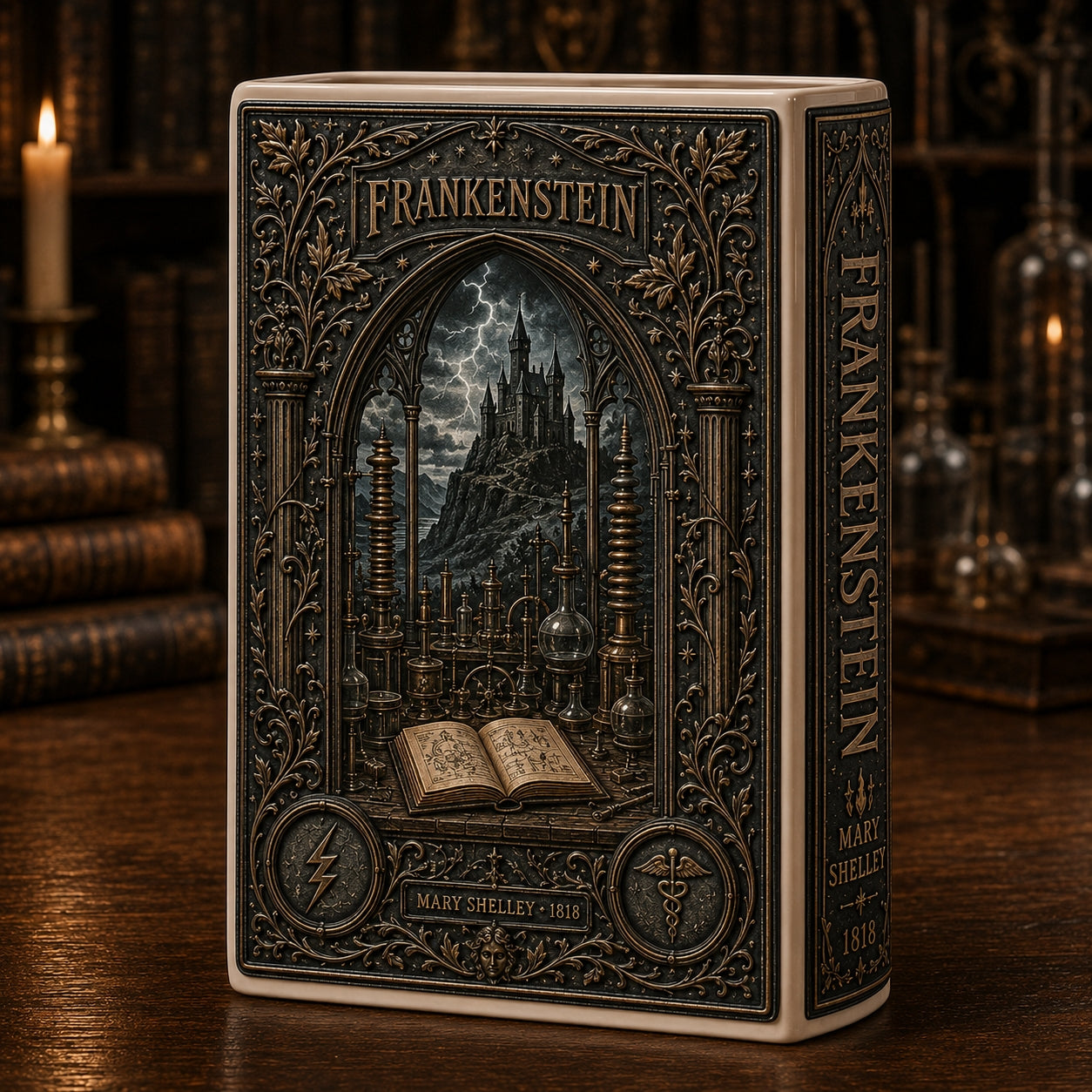 Frankenstein Mary Shelley Ceramic Book Vase - Gothic Horror Home Decor & Bookish Gift