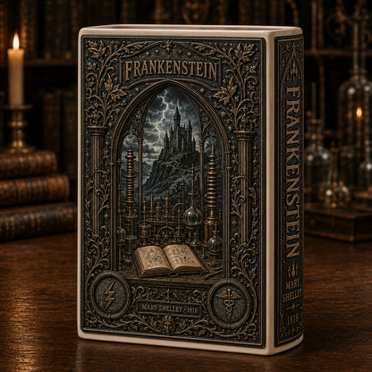 Frankenstein Mary Shelley Ceramic Book Vase - Gothic Horror Home Decor & Bookish Gift