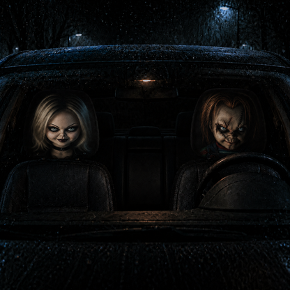 Chucky & Tiffany Horror Car Headrest Cover Set – Spooky Horror Couple Car Accessory Set